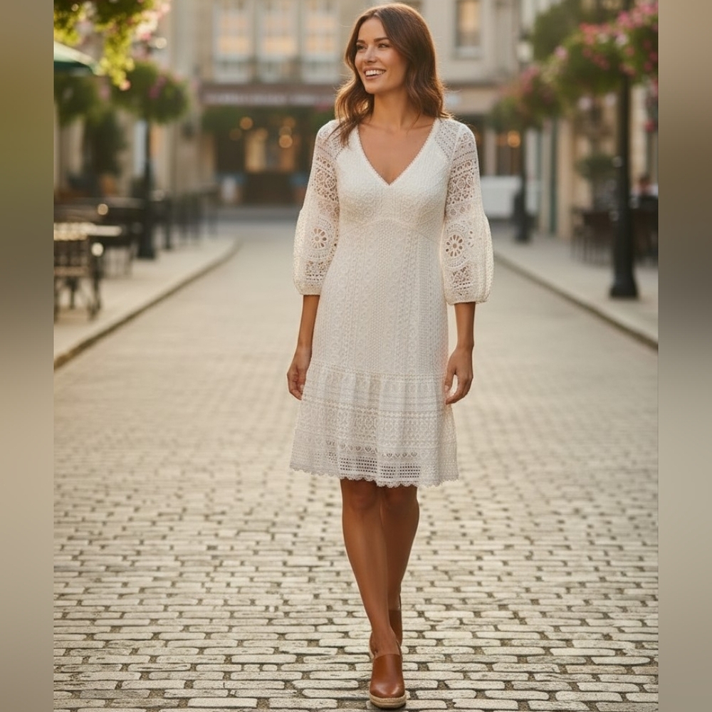 Nanette Lepore Romantic Ivory Lace Boho Dress, Baloon Sleeves, NWT 2  Best Offer